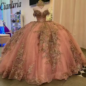 Rose Gold Off The Shoulder Bow Quinceanera Dresses Ball Gown Gold Appliques Lace Sweet 15 Años Mexican Customized