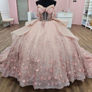 Pink Shiny Quinceanera Dresses Ball Gown Off Shoulder Sequin Appliques Lace Flower Beads Tull Corset Sweet 16 Dress Vestidos 15