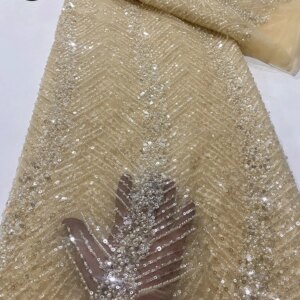 High Quality African Hand-Beaded Lace Fabric 2025 French Glitter Nigerian Embroidery Bridal Mesh Lace Fabric Garment Sewn 5Yards