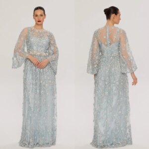 Customized Lace Sequined Flower Beading Ruched Birthday A-line High Collar Bespoke Occasion Gown Long Dresses