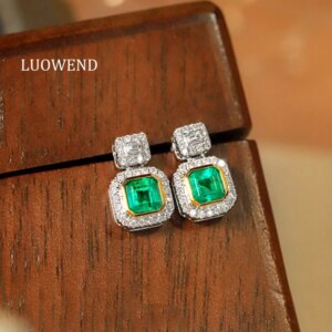 LUOWEND 18K White&Yellow Gold Earrings Luxury Design Natural Diamond Natural Emerald Stud Earrings for Women High Party Jewelry