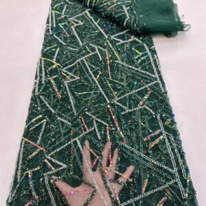5 Yards 2025最新 Green African Tulle Beaded Lace Fabric French Sequins Fabric Sewing Embroidery Beads Nigerian Dresses Q479-1