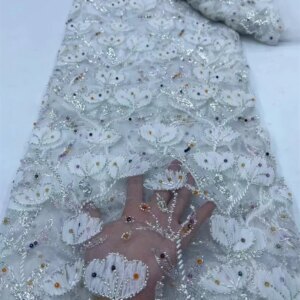 White Luxury African Heavy Handmade Beaded Lace Fabric 2024 High Quality 5Yards Sequins French Tulle Bead Lace For Wedding Party