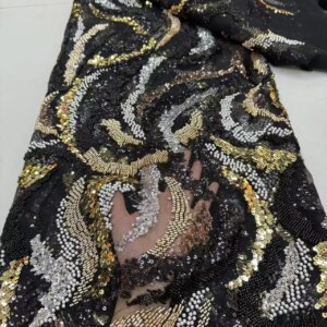 African Beaded Lace Fabric 2025 High Quality Nigeria Groom Lace Fabric French Sequin Lace Fabric for Party Dress