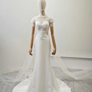 V-Neck Short Sleeve Sexy Wedding Dress Lace Beaded Bride’s Wedding Dress Mermaid Wedding Dress With Small Train Mesh