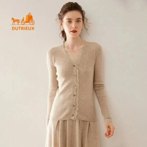 2025 Winter New Cashmere Sweater Women, Elegant Lace V-neck 100% Cardigan, Slim Fit Knitted Coat Top Wool Warm