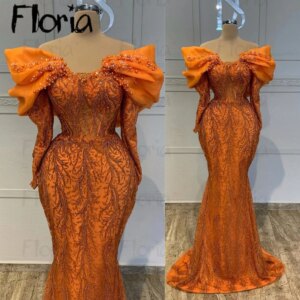 Aso Ebi Glitter Orange Party Dress Luxury Customized Women Wedding Dinner Night Gowns Off Shoulder Long Sleeve Birthday Gown