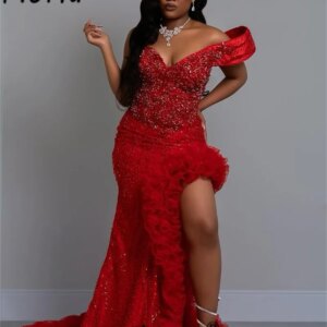 Luxury Red Beaded Arabic Mermaid Wedding Dress with Slit One Shoulder Ruffles Black Girls Long Evening Gowns Vestidos de fiesta