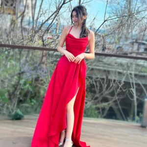 Sexy Red Prom Dresses A Line Halter Neck Evening Gowns for Women Criss Cross Gala Gowns High Slit Photoshoot Party Dress