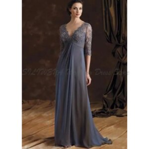 Chic Plus Size Mother Of The Bride Dresses Half Sleeves A line V Neck Empire Waist Mother Of Groom Dress Floor Length Chiffon