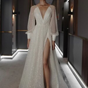 Sexy Glitter Evening Party Dresses V-neck Long Puffy Sleeves Split Sequined Formal Prom Gowns Robe De Soiree