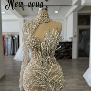 Couture Nude Champagne Evening Dress Pearls Beaded Sequins Wedding Party Gown Arabic One Shoulder Customized Prom Dresses Luxury