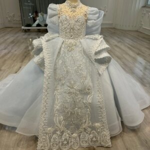 Blue Children’s Dress round Neck Short Sleeve Cute Performance Costume Little Girls’ Fashionable Outfit for Special Occasions