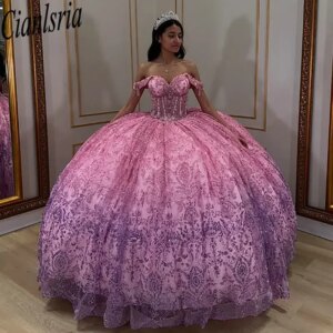 Pink Glitter Crystal Sequined Quinceanera Dresses Ball Gown Off The Shoulder Sweet 15 Años Mexican Customized