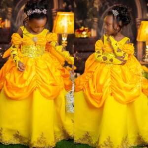 Vintage Gold Flower Girls Birthday Party Dress Customized Little Girl’s Pretty Dresses Queen Pageant Gowns for Photoshoot