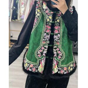 Chinese Style Winter Warm Vest Women’s Embroidery Flowers Loose Acetate Sleeveless Lady Top S-XXL
