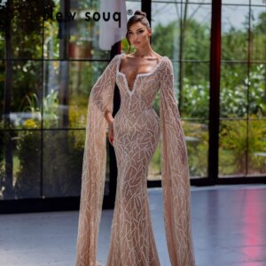 Long Cape Sleeves Dark Champagne Evening Dress Mermaid Beaded Pearls Prom Dresses 2025 Dubai Design Customized Party Gowns Women