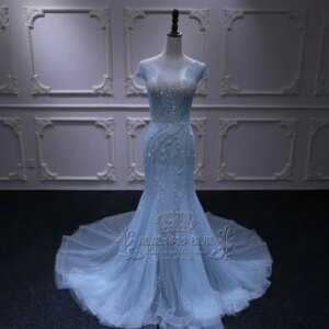 2024 new blue round neck short sleeve heavy design sense fishtail skirt