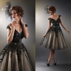 New Classic Black A Line Evening Dress Beaded Lace Appliques Tea Length Ball Dresses Illusion Neck Vestido De Novia Customized