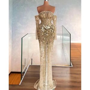 Luxury Golden Off The Shoulder Mermaid Evening Dress With CRYSTAL Long Sleeves Prom Gowns Custom Made Party Dresses