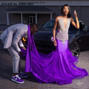 EVLAST Customized Purple Feather Mermaid Prom Dress Black Girls Silver Diamonds Beaded Party Gala Gown Vestidos De Fiesta P98
