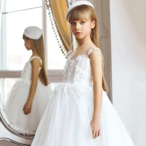 Lace Appliques Kids Birthday Party First Holy Communion Gowns Customized Ivory White Flower Girl Dress Pageant Gown for Wedding