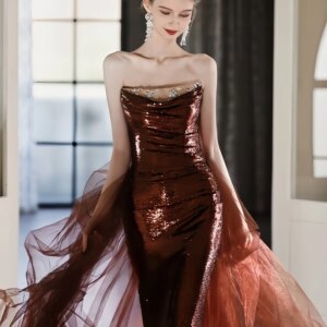 Luxury Evening Dress Tulle Mermaid Glitter Applique Pleat Backless Formal Banquet Evening Party Strapless Prom Gown