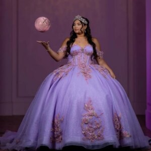 Customized Shiny Purple Off Shoulder Quinceanera Dress Lace sequin applique crystal Tull 3D flower Bow vestidos de 15 Quinceaner