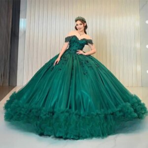 Customized Green Off Shoulder 3D Flower Quinceanera Dresses Ball Gown Bead Appliques Birthday Dress Tiered Ruffles Gown