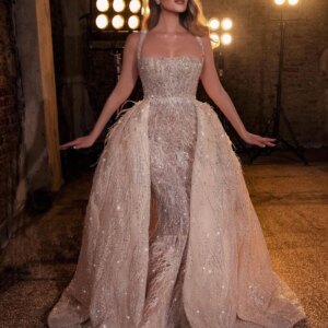 Dubai Luxury Beading Evening Dresses Sequin Feather Mermaid Detachable Train Formal Party Prom Gowns Vestido De Noche Customized