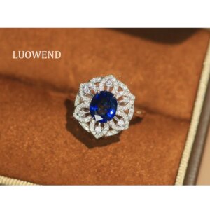 LUOWEND 100% 18K White Gold Rings Luxury Diamond Natural Sapphire Ring Romantic Flower Shape High Wedding Jewelry for Women