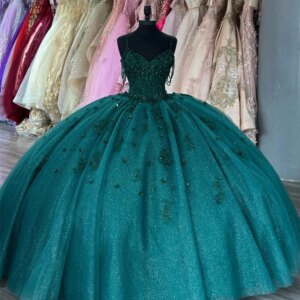 Green Charro Quinceanera Dresses Ball Gown Spaghetti Straps Sparkly Beaded Mexican Sweet 16 Dresses 15 Anos Customized