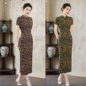 Retro National Style Long Floral Short Sleeve Robe Qi Pao     Improved Chinese Cheongsam for Middle-Aged Elderly