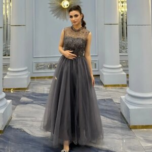 Customized Tulle Sequined Ruched Clubbing A-line High Collar Bespoke Occasion Gown Midi Dresses