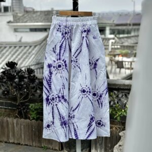 Grass and Wood Dyed Purple Feather Elastic Waist Ancient Tie-Dyed Skirt Mid-Length Yunnan Dali Bai Women’s Blue