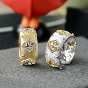 ABLES CHIC Renaissance Natural Topaz Tree of Life 18K Gold Two Tone Solid 925 Silver Silky Fretwork Wide Band Ring 6436