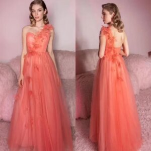 Customized Women Asymmetrical One-Shoulder A-line Floor Length Prom Dress Formal Ocassion Gown Flower Tulle Dresses For Women 20