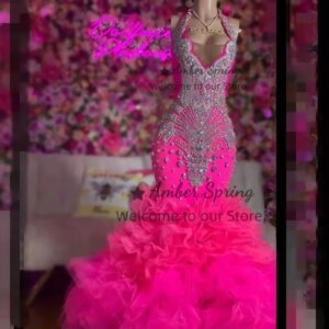 Customized Gorgeous Prom Dresses Crystal Hot Pink Ruffle Long Formal Evening Gowns Rich Black Girl Birthday Party Robe 2025