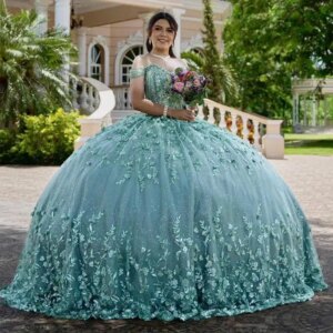 Mint Green Shiny Quinceanera Dresses Off the Shoulder Sequins Appliques Lace Flower Beads Tull Lace up Vestido De 15 Anos Sweet