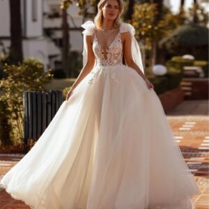 Sexy glamorous A-line wedding dress Bow Tie V-neck Sleeveless Princess Bohemian Bridal Dress Crepe tulle lace applique dress