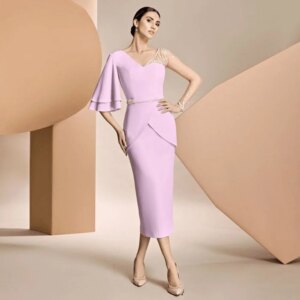 Fashion Pink V Neck Mother of the Bride Dresses for Wedding Beading Tea Length Column Wedding Guest Gown 3/4 Sleeves Party Dress