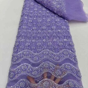 African Lace Fabric 2024 High Quality Purple Lilac Fabric Gold Beaded French Mesh Embroidery Lace Fabrics For Sewing KB4487