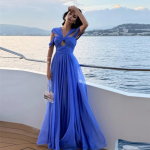 Customized  Blue Chiffon Long Evening Dresses Asymmetrical Cut-out A-Line Prom Dresses Floor Length Formal Event Prom Gowns 2025