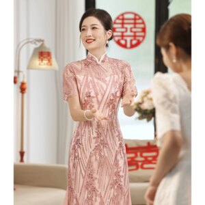 Vintage High Neck Lace Mother Of The Bride Dresses Elegant A-Line Tea-Length Sequin Lace Women Dresses For Wedding Party