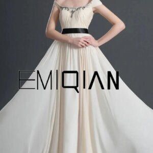 Elegant Cap Sleeves Beaded Square Neckline Chiffon Evening Dress with Black Sash