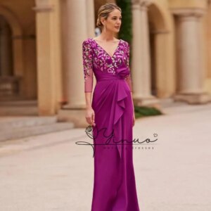 customized Elegant Mother of the Bride Dresses V-neck 3/4 Sleeves Bridal Party Dresses Flowers For Split Floor-length Mermaid
