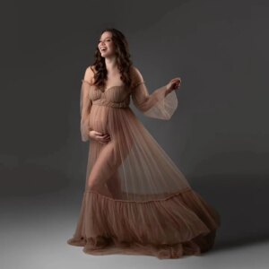 Champagne Maternity Robes for Photo Shoot Off Shoulder A Line Pregnant Women Gowns Long Sleeves Customized Baby Shower Dresses