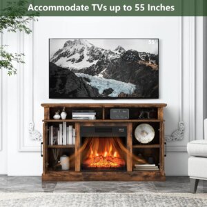 Fireplace TV Stand for 55 TV, 48 Inch Tv Stand with 18 Inch Electric Fireplace Heater, Mondern Tv Console w/Cabinets Doors, 6H