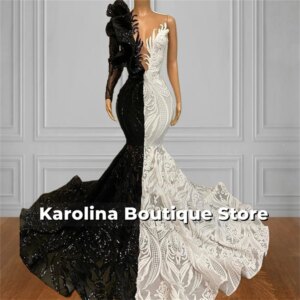 Special Black And White Sequined Lace O Neck Formal Prom Dresses One Shoulder Long Sleeve African Wedding Dress For Customized