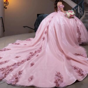 Customized Pink 3D Flower Ball Gown Quinceanera Dresses Off The Shoulder Appliques Lace Vestidos De 15 Años Women Prom Party